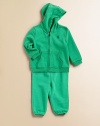 An essential fleece set features a classic full-zip hoodie and matching sweatpants for unbeatable casual style. Hoodie Attached hoodPullover style with front zipLong sleevesRib-knit cuffs and hemSplit kangaroo pockets Pants Elastic waistband with bow detailElastic hem87% cotton/13% polyesterMachine washImported