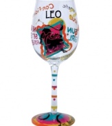 Stars align in the Leo wine glass. A hand-painted design as unique as your sign illustrates your personality--dramatic, warm, confident--in bright, fun hues and sparkling rhinestones. With a special drink recipe on its base.