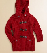 She'll stay cute and comfy in this waffle-knit layer with a versatile detachable hood, adorable toggle details and a longer silhouette to keep her extra warm.Detachable button hoodRibbed stand collarLong sleeves with ribbed cuffsFront toggle closureSlightly fitted waistSide slash pocketsFront patch button pocketsRibbed hem80% wool/20% nylonHand washMade in Italy
