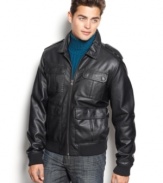 Take flight. This bomber jacket from Kenneth Cole Reaction soars with hip style.