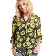 Prepare to standout! Vivid floral print wears like pop art on this awesome rendition of the classic button-down top! From Fire.