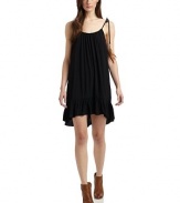 THE LOOKGathered necklineSleevelessFeather and bead accentRuffled hemTHE FITAbout 34 from shoulder to hemTHE MATERIALRayonCARE & ORIGINDry cleanMade in USAModel shown is 5'9 (175cm) wearing US size Small. 