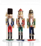 Tell the whole story with a guard, king and soldier nutcracker. Carved in the traditional fashion, each with an accessory, hat and handsome uniform, each adds a bit of holiday grandeur to your mantel, bookshelf or side table.