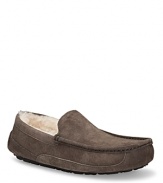 Soft suede driver-style slippers, fully lined in sheepskin. Genuine sheepskin sockliner that naturally wicks away moisure and helps keep feet dry. Molded rubber bottom.