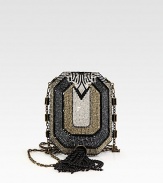 An Art Deco-inspired design with a unique shape encrusted in crystals.Detachable chain shoulder strap, 20 dropBeaded tassel accentPush clasp closureLeather lining5½W X 4H X 1½DMade in Italy