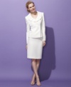 A pleated portrait collar makes for pretty appeal on Evan Picone's latest skirt suit, while off-center button closures on the jacket add extra interest.