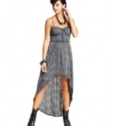 Make a high-style statement in this printed dress from Material Girl that sports bustier-design and a chic high-low hem!