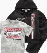 Suit up your speed demon in a race car-themed three-piece set from Clubhouse Kids: Graphic tee with West Coast Champs; hooded zip-up jacket with racing stripes and patchwork; and coordinating pull-on pants.