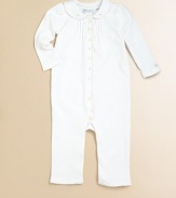 Rendered in luxuriously soft pima cotton, this adorable coverall is prettily updated with scalloped detailing.Crewneck with embroidered trimLong sleeves with embroidered cuffsBottom snaps for easy on and offPima cottonMachine washImported Please note: Number of buttons/snaps may vary depending on size ordered. 