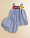 Stripes and flowers adorn this dainty dress set complete with matching bloomers and a sunny disposition.Square neckline with flower appliquéSleevelessBack shoulder buttonsA-lineSoftly pleated75% polyester/25% cottonMachine washImported