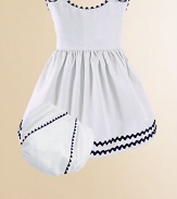 An adorable look for a picnic or a portrait in lightweight cotton piqué with contrasting rick rack trim and a matching diaper cover. Covered button shoulder closures High waist Cotton; machine wash Made in USA Please note: Diaper cover cannot be personalized.FOR PERSONALIZATION Select a quantity, then scroll down and click on PERSONALIZE & ADD TO BAG to choose and preview your personalization options. Please allow 2 to 3 weeks for delivery.