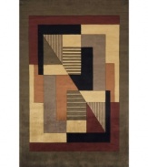 If you crave modern art, you'll love the unique design of this sophisticated contemporary area rug. Bordered with pomegranate reds and browns, the rug features a collection of clean-lined shapes and sharp edges, creating a fresh, modern look in any space. Hand-tufted and hand-carved of Chinese wool, the rug offers ultimate softness combined with an unparalleled smooth shine.