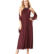 Elegant details make this Alex Evenings dress flawless for your next occasion. A beaded neckline crowns a beautifully pleated bust, and the sheer shawl provides a sophisticated finishing touch.