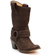 Pull-on short boots in distressed leather for a rugged look. Decorative harness strap at ankle and branded logo at side of heel. Round toe and 2.75 stacked heel. Leather lining and leather sole.