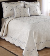 Soothing and serene, the Delphine bedspread defines cozy comfort with intricate, allover quilting, delicate floral embroidery and patterned trim. A beautiful scalloped edge finishes the look with graceful polish.