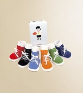 Six-pair gift set in an adorable tennis shoe design, perfect for the budding pro. Non-skid bottoms Boxed for giving Appropriate for ages 0-12 months Cotton; machine wash Imported