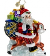 Santa and Vixen ditch the sleigh, making excellent time despite a bag full of gifts if this whimsical ornament, featuring the brilliant glass and extraordinary detail of Christopher Radko.