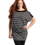 Link up your leggings with Baby Phat's short sleeve plus size tunic top, rocking stripes and sequins!