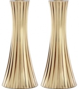 Always radiant, the Gold Vertical candlestick from Donna Karan Lenox is wrapped in long metal channels that overlap to create a simple cone shape.