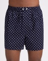 A men's essential in softly mercerized, polka-dotted cotton. Rear panel seat construction adds a longer life. Elastic waist Adjustable button closure Open fly Inseam, about 4 Cotton; machine wash Imported