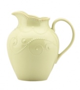 With fanciful beading and a feminine edge, this Lenox French Perle pitcher has an irresistibly old-fashioned sensibility. Hardwearing stoneware is dishwasher safe and, in a soft pistachio hue with antiqued trim, a graceful addition to everyday dining. Qualifies for Rebate