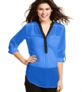 Minimalist style makes a big impact with BCX's mandarin collar top! Roll tab sleeves add to the piece's effortless design.