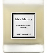 Candles are rituals, symbols of mood and sensuality. Fill your home with the powerful fragrance of Trish's Wild Blueberry Vanilla Scented Candle. The delicious blend of wild blueberry and precious vanilla will sweeten your mood. The powerfully scented combinations in Trish's candles will permeate your space before this magical candle is even lit. 3 oz., 18-hour burn time. 