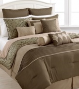 Update your space with this expansive Mykonos comforter set, featuring traditional flourish designs in an earthy brown and tan color scheme. Pleated and embroidered accents offer layers of texture while the set comes complete with a coverlet, shams and a pile of decorative pillows.