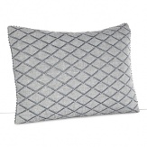 Embroidered lines echo a block stamped pattern on this chambray pillow, trimmed in ric rac.