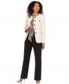 Kasper's latest suit is all about striking contrasts, featuring a printed scarf, a cream-hued jacket with glossy enamel and goldtone buttons and a pair of sleek, solid black pants.