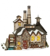 Set in a small country building on the outskirts of London, the Gin Distillery comes complete with an animated water wheel to display its traditional distilling method. Crafted of hand-painted porcelain and part of the Dickens' Village from Department 56.