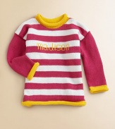 Stripes lend whimsy to this beautifully crafted pure cotton sweater perfect for girls and boys alike. A rolled neckline, hem and cuffs add small touches of contrast color. Rolled detailCottonMachine washMade in USAFOR PERSONALIZATION Select a quantity, then scroll down and click on PERSONALIZE & ADD TO BAG to choose and preview your personalization options. Please allow 4-6 weeks for delivery. 