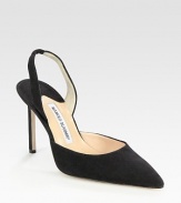 Endless versatility in its truest form, this sophisticated suede silhouette has a point toe, skinny heel and stretchy slingback strap. Self-covered heel, 4 (100mm)Suede upperLeather lining and solePadded insoleMade in ItalyOUR FIT MODEL RECOMMENDS ordering one half size up as this style runs small. 
