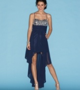 Party like a starlet in this dress from B Darlin, designed with a flowing, asymmetrical skirt for an added hint of drama!