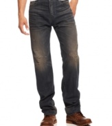 Don't stress - these distressed-stitching Hewitt jeans from Guess feature a stylish fade and straight fit that complement your laid-back look.