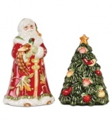 Trim the table, too. Bountiful Holiday salt and pepper shakers from Fitz and Floyd appeal with extraordinary detail, from the autumnal pattern in Santa's coat to the bird- and fruit-bedecked tree.