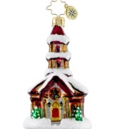 This beautiful Country Cathedral Gem ornament from Christopher Radko features a lovely hand-painted church surrounded by sparkling snow for a quaint setting upon your tree.