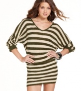 Support your sweater dress habit with this ultra-cute style from Sugar & Spice! Metallic stripes and a hot, blouson fit make this cool-weather must-have a total knock-out.