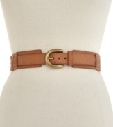 A colorful and folksy leather belt from Fossil with woven fabric detail at the back.