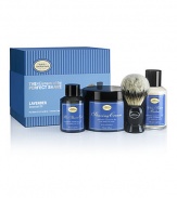 The starter kit offers a 2 oz. Pre-Shave Oil, 5 oz. Shaving Cream, a pure badger Shave brush, and 3.4 oz. After Shave Balm. All products are formulated with natural ingredients and aromatherapy based.