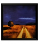 Follow the yellow dirt road through this dramatic country landscape. Golden light emanates from a grassy field below a dark and brooding sky.