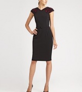 Delicate lace and a slender self belt dress up this stretch crepe shift.V necklineCap sleevesLace trimSelf beltConcealed back zipFully linedAbout 24 from natural waist60% polyester/33% nylon/7% spandexDry cleanMade in USA of imported fabricModel shown is 5'10 (177cm) wearing US size 4. 