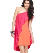 A bright overlay drapes this one-shoulder sheath dress, creating a dramatic, colorblocked experience! From REIGN.