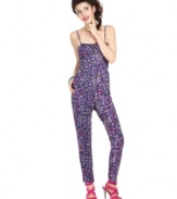 Colorful, confetti-like dots burst over a harem pants jumper -- and makes every day feel like a fiesta! From Material Girl.