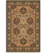 A lush landscape of corals, turquoise blues, maize yellow, moss green, soothing taupe and soft mocha greet you in a playfully intricate pattern. Classically styled for the modern age, this full framed rug offers a neutral palette with today's microfiber, twill and leather furnishings.