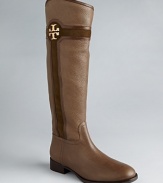 Tory Burch signature logos highlight mixed-media, tonal shafts in riding boots that will end up with lots of mileage.