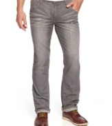 Most stylish jeans buy this season: Gray denim with high-end detailing, like these whiskered denim Blast Jeans from Triple Fat Goose with contrast stitching and leather-rimmed back pockets.