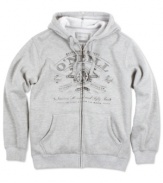 Casual style sherpa hoodie by O'Neill is solid in color with graphic on front for understated style.