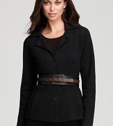 Whittle your waistline in a leather Eileen Fisher belt touting chic color blocking for a curve-contouring finish.