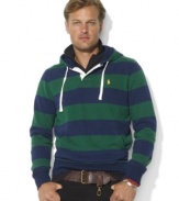Combining the preppy heritage of a rugby with the comfort of a hoodie, this relaxed-fitting pullover blends the best of both worlds in an ultra-soft fleece construction.